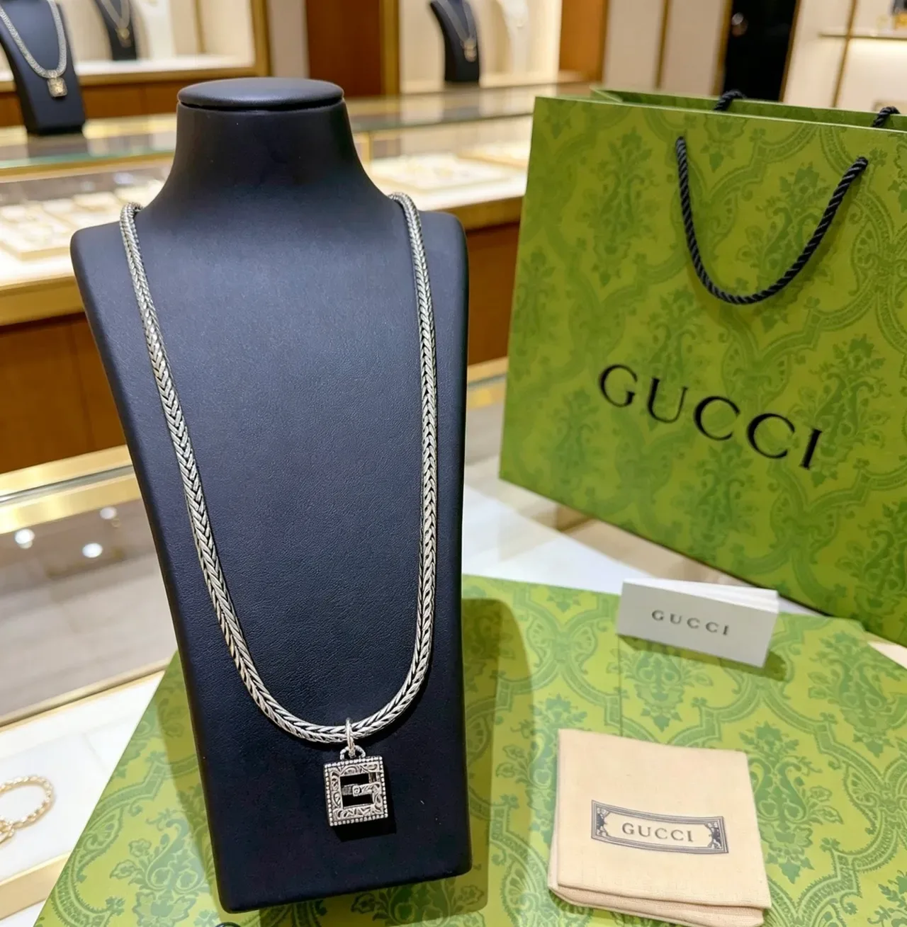 Gucci Silver Black Braided Chain Square Pendant Necklace 7