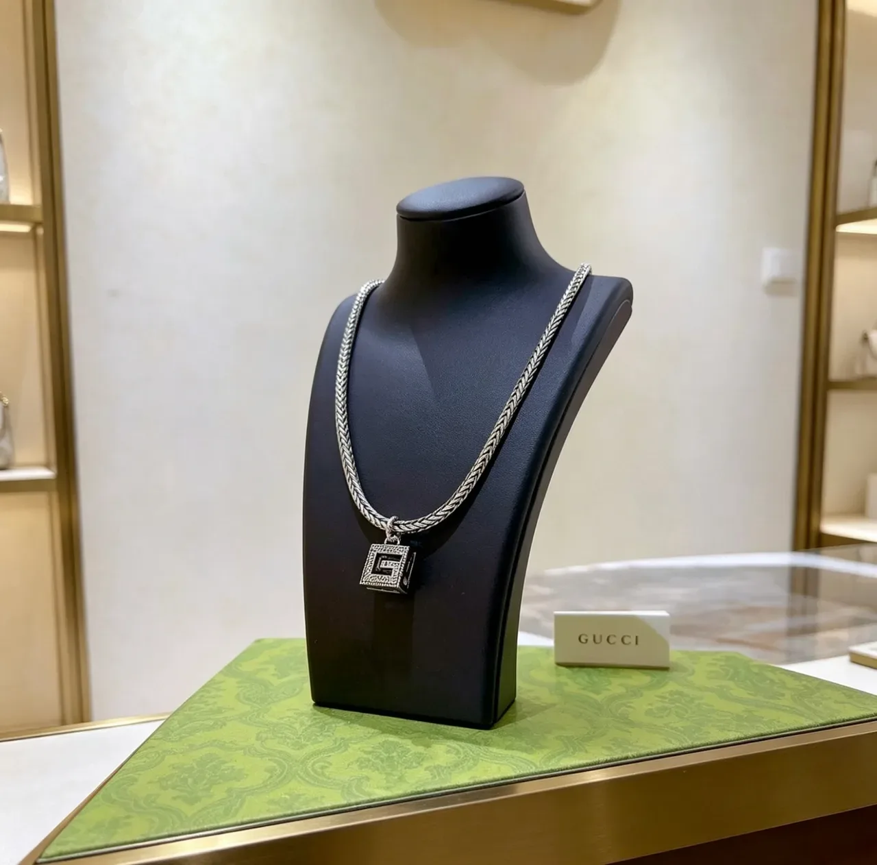 Gucci Silver Black Braided Chain Square Pendant Necklace 9