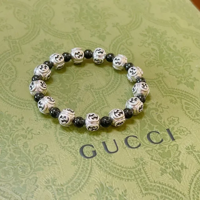 Gucci Silver Black Interlocking G Logo Beads Alternating Bracelet 3