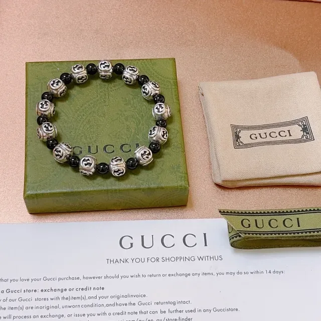 Gucci Silver Black Interlocking G Logo Beads Alternating Bracelet 4