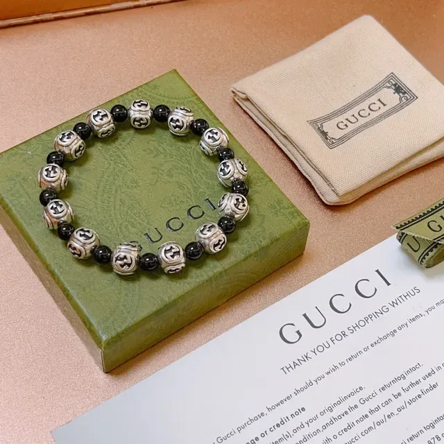 Gucci Silver Black Interlocking G Logo Beads Alternating Bracelet 6