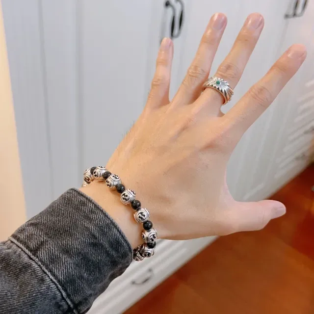 Gucci Silver Black Interlocking G Logo Beads Alternating Bracelet 8