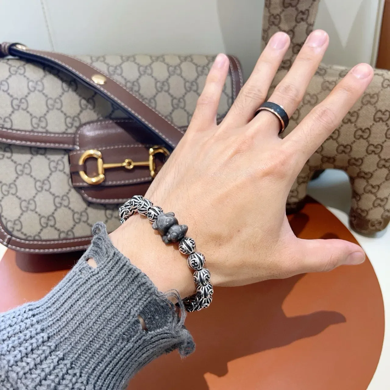 Gucci Silver Black Interlocking G Motif Beads Oxidized Finish Bracelet 2