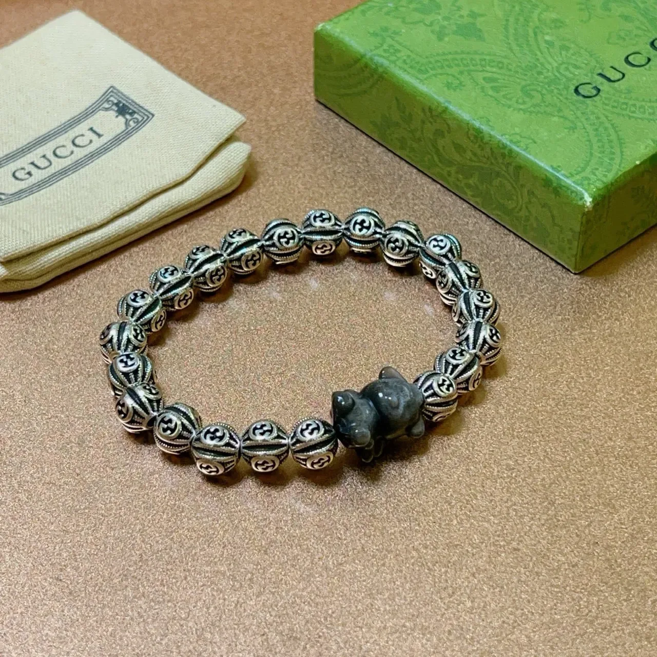 Gucci Silver Black Interlocking G Motif Beads Oxidized Finish Bracelet 5