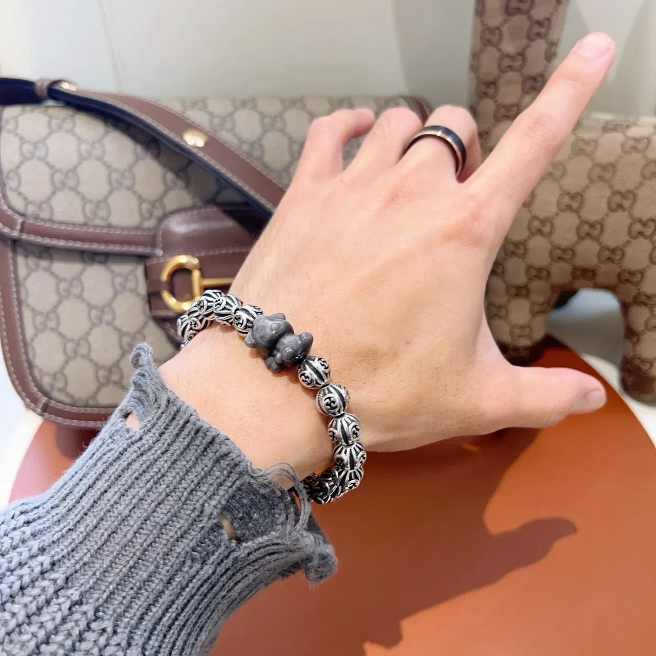Gucci Silver Black Interlocking G Motif Beads Oxidized Finish Bracelet 7