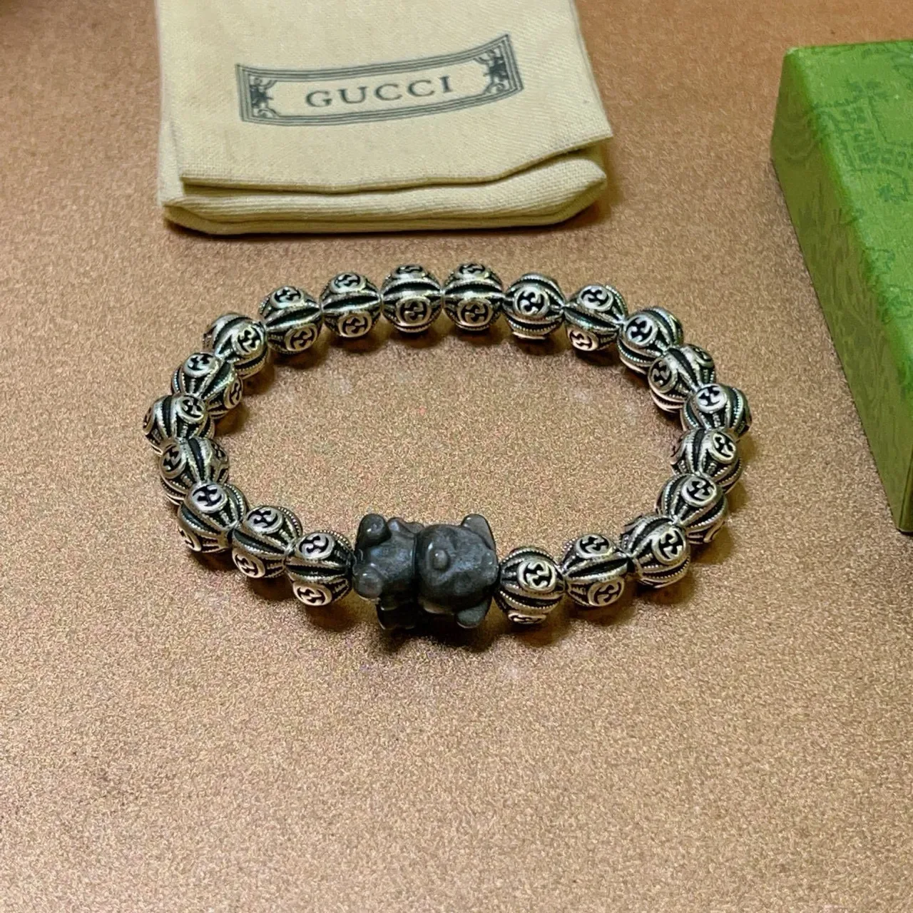 Gucci Silver Black Interlocking G Motif Beads Oxidized Finish Bracelet 8