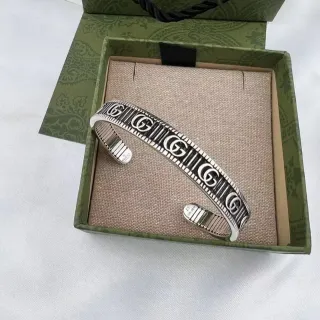Gucci Silver Black Open Cuff Monogrammed Bracelet