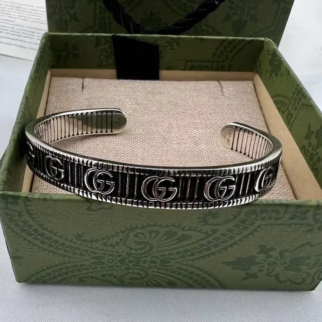 Gucci Silver Black Open Cuff Monogrammed Bracelet 2