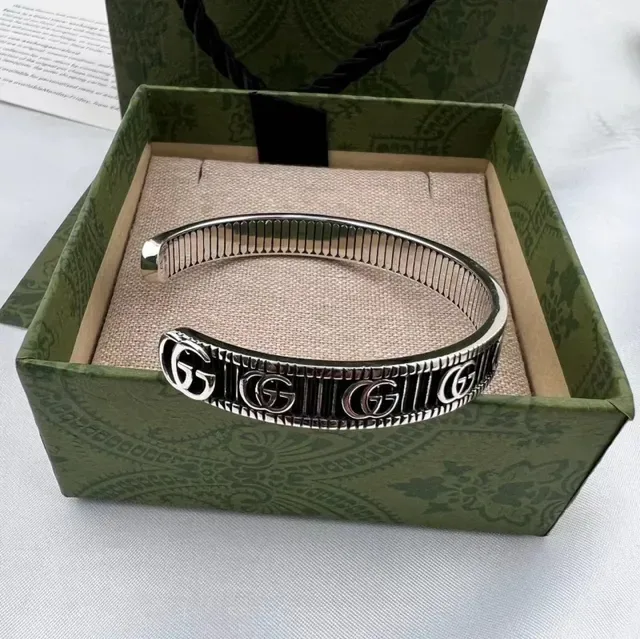 Gucci Silver Black Open Cuff Monogrammed Bracelet 4