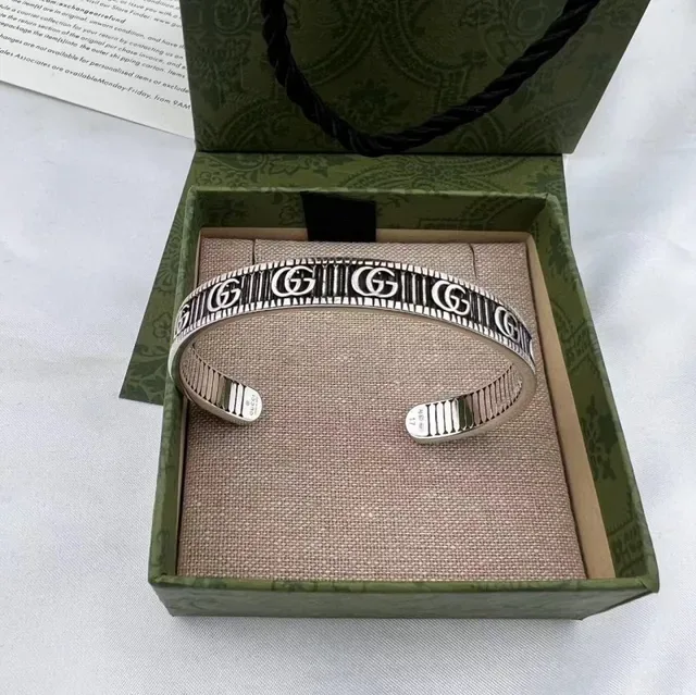 Gucci Silver Black Open Cuff Monogrammed Bracelet 6