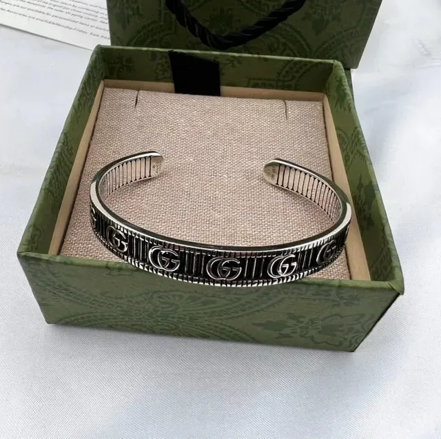 Gucci Silver Black Open Cuff Monogrammed Bracelet 7
