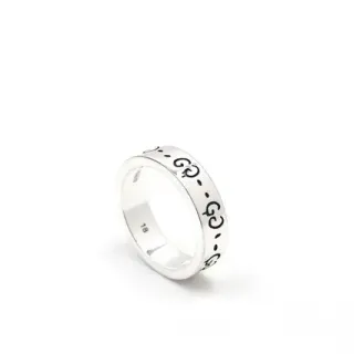 Gucci Silver Black Polished Enamel GG Motif Ring