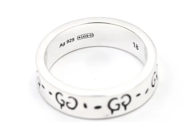 Gucci Silver Black Polished Enamel GG Motif Ring 7