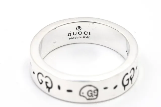 Gucci Silver Black Polished Enamel GG Motif Ring 8