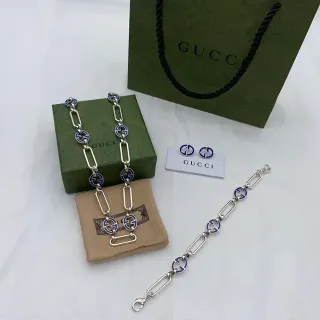 Gucci Silver Blue Chain-Link Enamel-Interlocked-G Bracelet