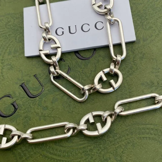 Gucci Silver Blue Chain-Link Enamel-Interlocked-G Bracelet 6