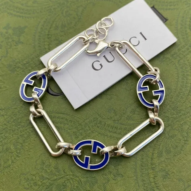 Gucci Silver Blue Chain-Link Enamel-Interlocked-G Bracelet 8