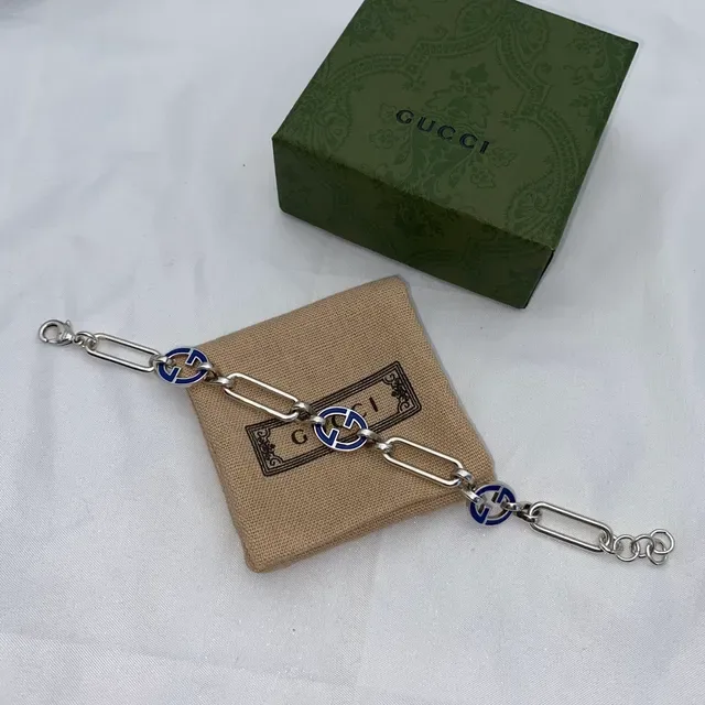 Gucci Silver Blue Chain-Link Enamel-Interlocked-G Bracelet 9