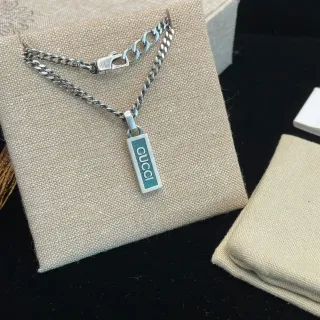 Gucci Silver Blue Curb Chain Rectangular Enamel Pendant Necklace