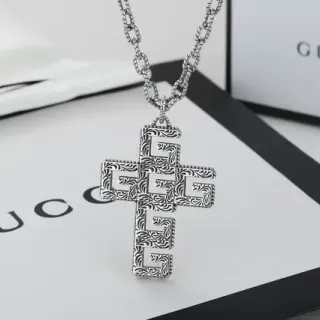 Gucci Silver Cross-Shaped GG Monogram Motif Necklace