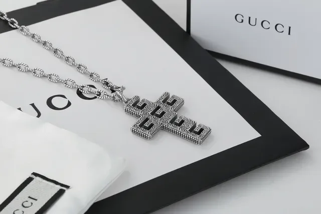 Gucci Silver Cross-Shaped GG Monogram Motif Necklace 2