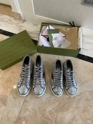 Gucci Silver Green Glitter Upper High-Top Lifestyle Sneakers 5