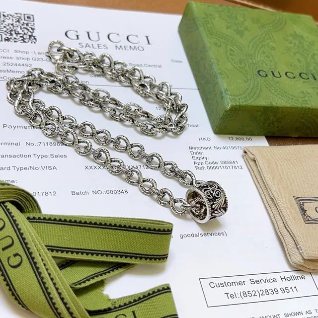 Gucci Silver Green Interlocking G Pendant Figural Link Chain Necklace 5