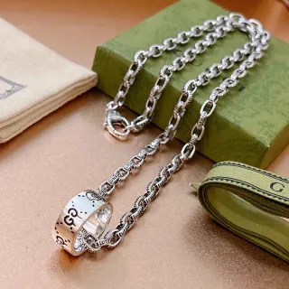 Gucci Silver Interlocking G Motif Ornate Link Chain Necklace
