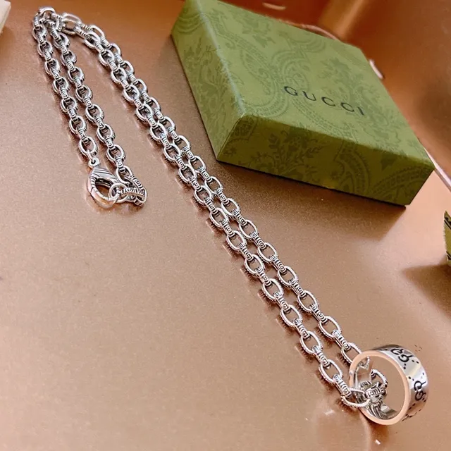 Gucci Silver Interlocking G Motif Ornate Link Chain Necklace 2
