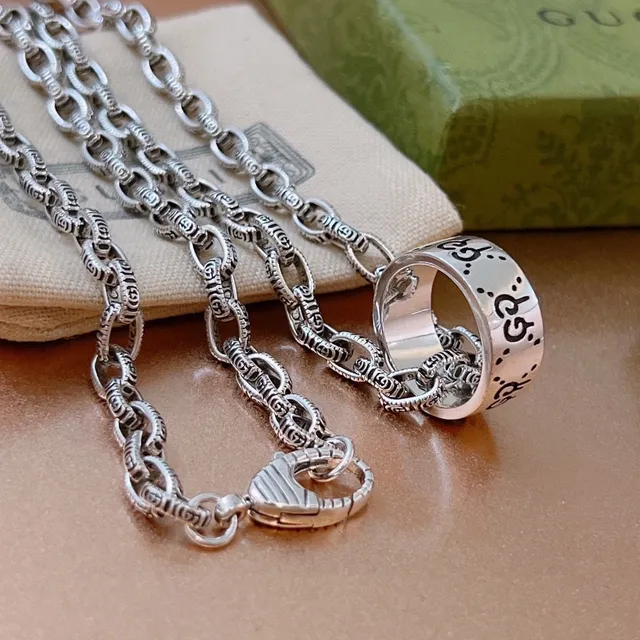 Gucci Silver Interlocking G Motif Ornate Link Chain Necklace 3