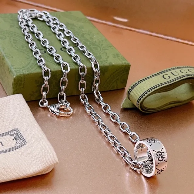 Gucci Silver Interlocking G Motif Ornate Link Chain Necklace 5