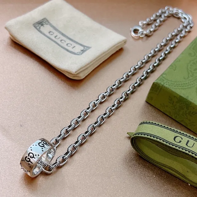 Gucci Silver Interlocking G Motif Ornate Link Chain Necklace 7