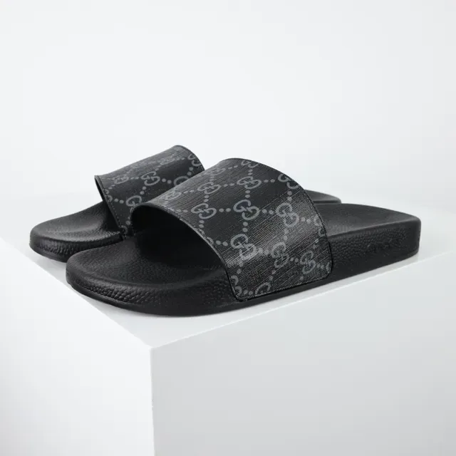 Gucci Slide काला Monogram स्ट्रैप चप्पल 2