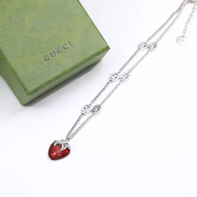 Gucci Strawberry Red Silver Enamel Charms Interlocking G Logo Hardware Necklace 2