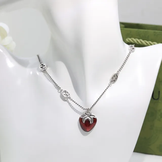 Gucci Strawberry Red Silver Enamel Charms Interlocking G Logo Hardware Necklace 4