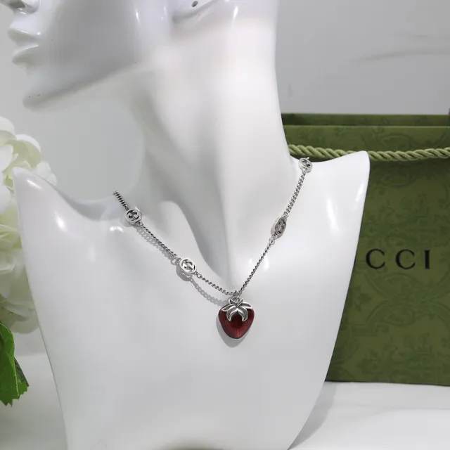 Gucci Strawberry Red Silver Enamel Charms Interlocking G Logo Hardware Necklace 5