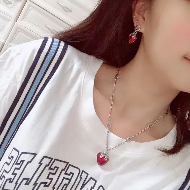 Gucci Strawberry Red Silver Enamel Charms Interlocking G Logo Hardware Necklace 6