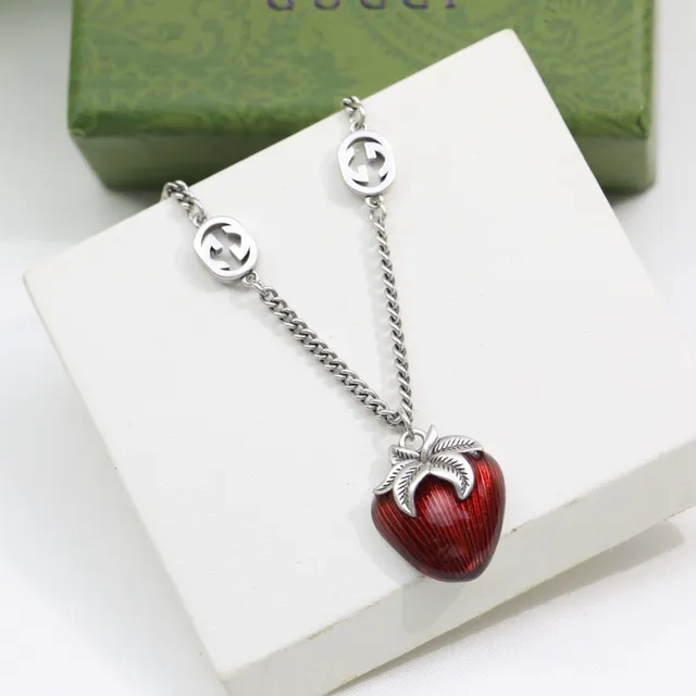 Gucci Strawberry Red Silver Enamel Charms Interlocking G Logo Hardware Necklace 7