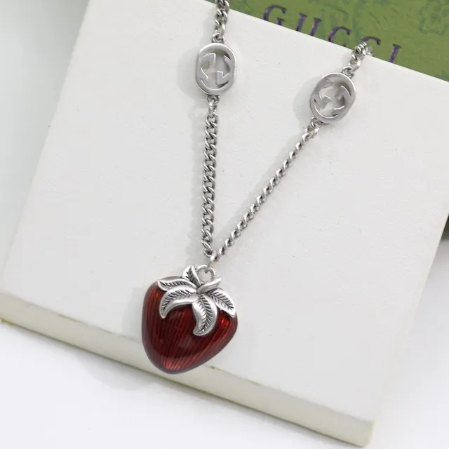 Gucci Strawberry Red Silver Enamel Charms Interlocking G Logo Hardware Necklace 9