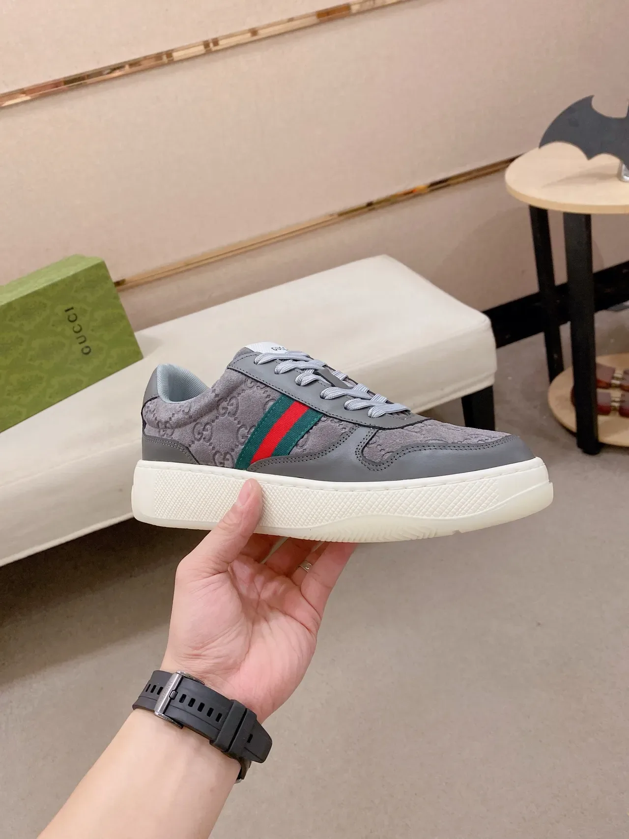 Gucci Tennis 1977 Gris Monogram Daim Web Stripe Chaussures Lifestyle 5