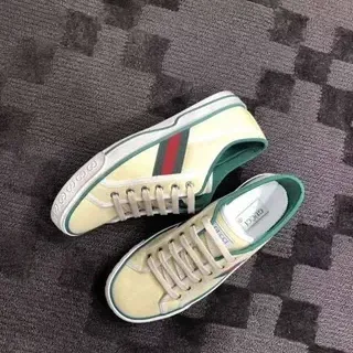 Gucci Tennis 1977 Pale Yellow Green Red Web Canvas Lifestyle Sneakers