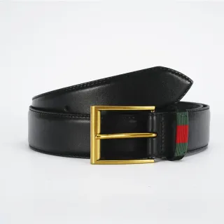 Gucci Web Belt Black Gold Smooth Rectangular Buckle Leather Belt