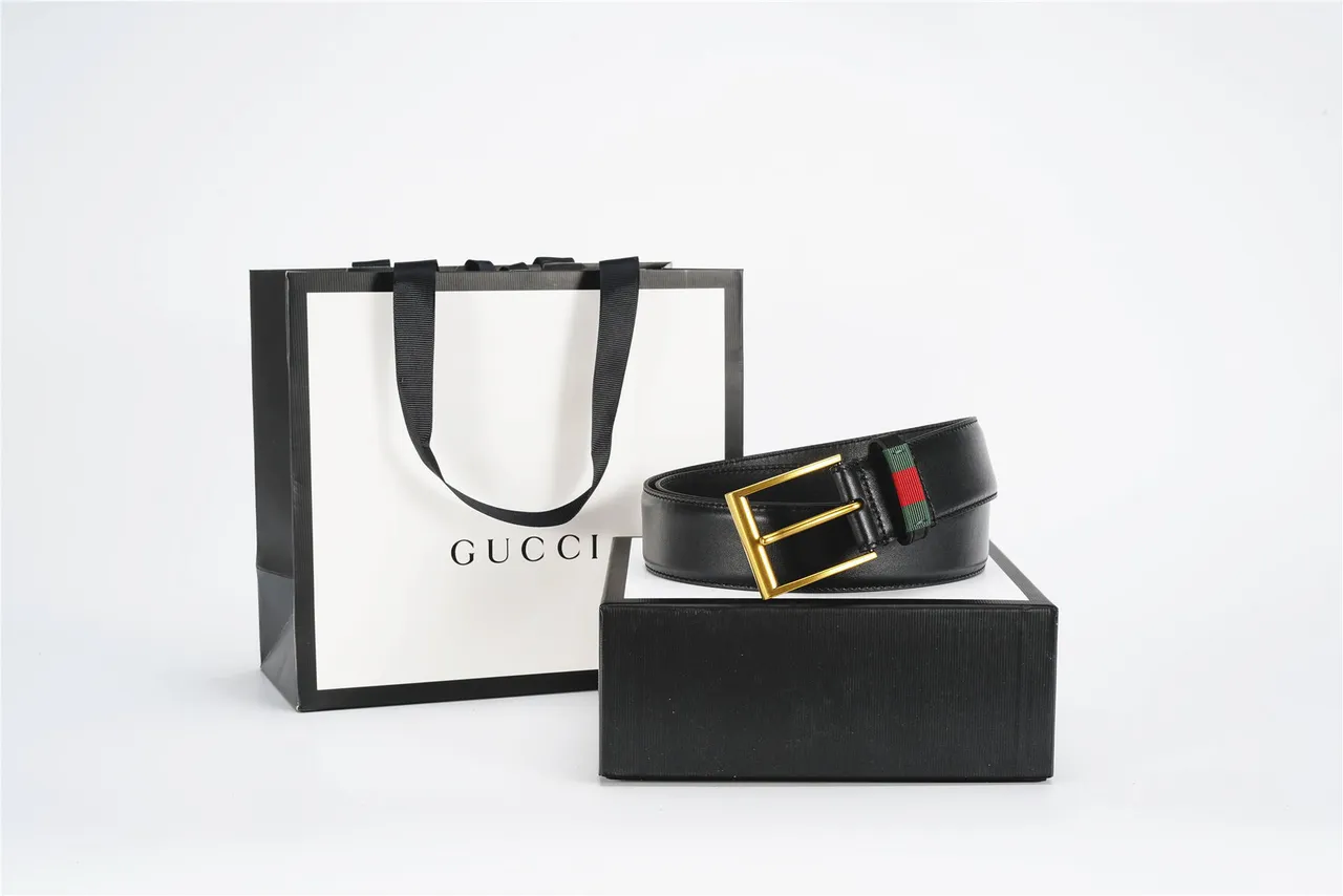 Gucci Web Belt Black Gold Smooth Rectangular Buckle Leather Belt 4