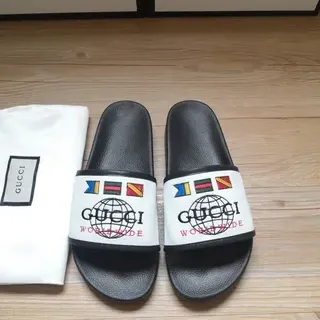 Gucci Worldwide Black White Rubber Sole Fabric Strap Slippers