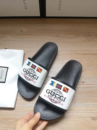 Gucci Worldwide Black White Rubber Sole Fabric Strap Slippers 2