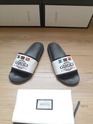 Gucci Worldwide Black White Rubber Sole Fabric Strap Slippers 3