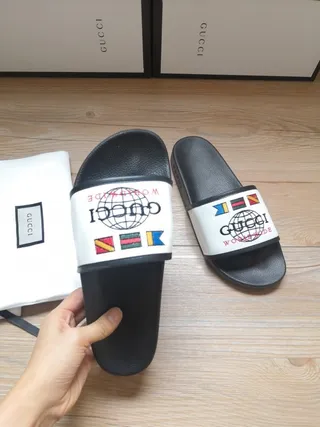 Gucci Worldwide Black White Rubber Sole Fabric Strap Slippers 4
