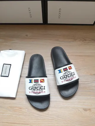 Gucci Worldwide Black White Rubber Sole Fabric Strap Slippers 5