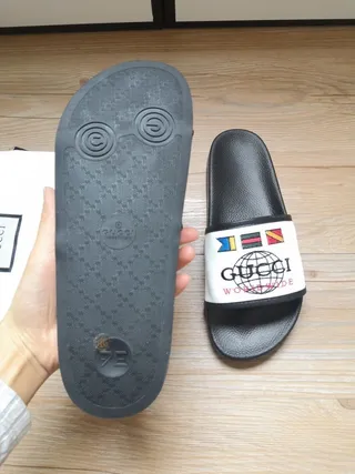 Gucci Worldwide Black White Rubber Sole Fabric Strap Slippers 6