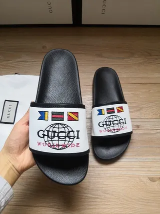 Gucci Worldwide Black White Rubber Sole Fabric Strap Slippers 8